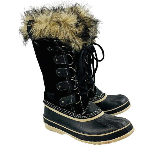 Womens 8 Sorel Joan of Arctic Boot‎ Black Quarry Suede Faux Fur Laces Waterproof - Picture 1 of 9